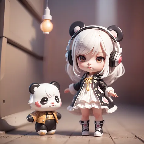 Masterpiece, best quality, lots of detail, (full body:1.2), chibi, panda girl, white hair, magic dress, light headphones, 3D rendering, Q printmaking style