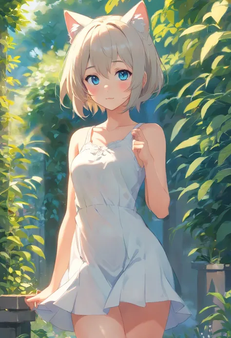 Cat-eared girl in white dress standing in garden, BREAK，silber hair，blue eyes，(((Sleeveless)))，Hang the laundry to dry，Holding a laundry basket with clothes，loli in dress, small curvy loli, artwork in the style of guweiz, guweiz on pixiv artstation, guweiz...