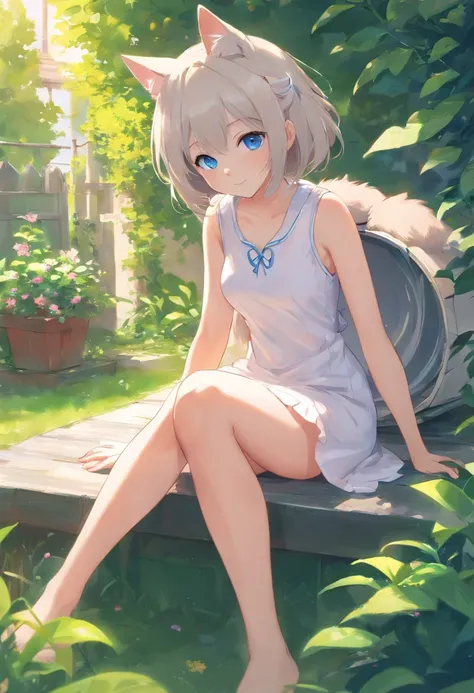 Cat-eared girl in white dress standing in garden, BREAK，silber hair，blue eyes，(((Sleeveless)))，Hang the laundry to dry，Holding a laundry basket with clothes，loli in dress, small curvy loli, artwork in the style of guweiz, guweiz on pixiv artstation, guweiz...