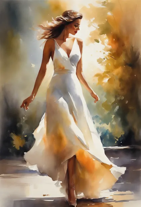 Pintura de una mujer con un vestido blanco bailando, Bailando con gracia, Elegante pintura a la acuarela, Arte digital pintura acuarela, en la primera pintura a la acuarela, inspirado por Olha Darchuk, Arte a la acuarela, Hermoso arte UHD 4 K, Baile sensua...