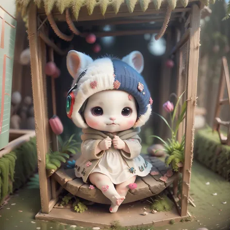 ​masterpiece、top-quality、Lots of detail、(full bodyesbian:1.2)、Chibi、Hamster Girl、white  hair、Magic Dress、Light headphones、3d rendered、Q Printmaking Style