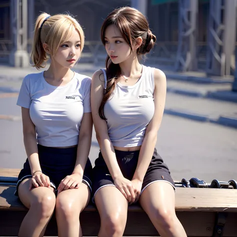 top-quality, ​masterpiece, 16K, Photonic style, Two pretty girls are sitting side by side on a bench, They wear bloomers and white gym clothes, The two are staring at each other and blushing, plump big breasts, short-cut,  Bright daylight, a park,