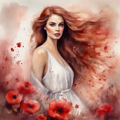 Mulher usando vestido longo vermelho, usando batom vermelho, uma rosa vermelha no cabelo, Cosa petals falling, cabelo comprido, grande profundidade de campo, Arte Digital, obra prima, Qualidade UHD". RPG