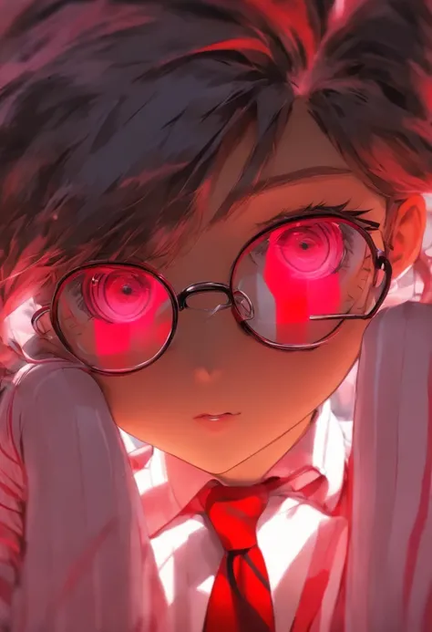 a girl with a light pink shirt with red lines and red eyes, 1girl, solo, glasses, red eyes, necktie, black-framed eyewear, jewelry, shirt, parted lips, heart, striped necktie, upper body, collared shirt