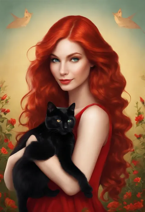 Create a logo with a red-haired girl holding a black cat