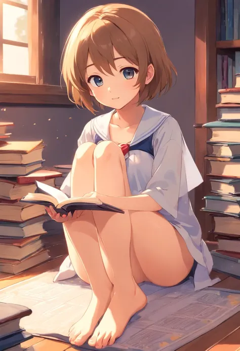 Cute loli，Barefoot，Tummy down，head looking up，Raise your feet，shift dresses，white  panties，largeeyes，Anime cute face，looking at book，Wet da