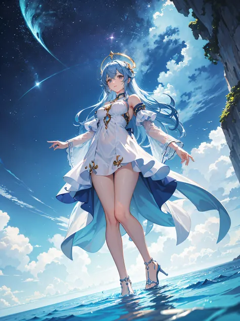 imagem da mais alta qualidade, (master part), (circunstanciado: 1.4), desenho perfeito, (ultra-realistic), Fotografia de paisagem expansiva, (a view from below that shows the sky above and the greatness of the character), Elesis,  Elesis de grand chase, fu...