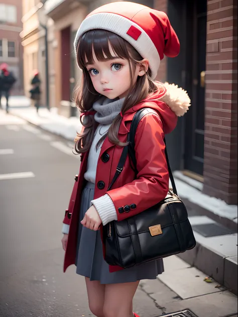 Cute little girl s，Wear a red coat，Carrying a small white school bag，With a gray hat