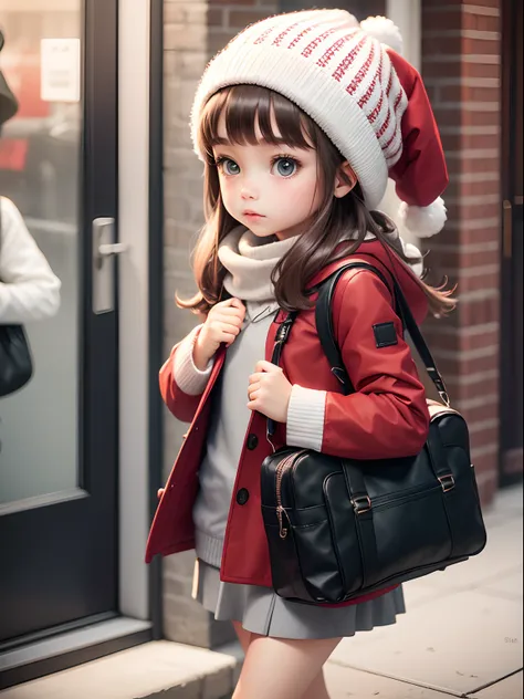 Cute little girl s，Wear a red coat，Carrying a small white school bag，With a gray hat