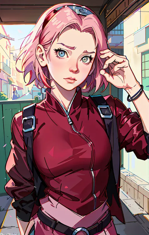 Sakura haruno, ANIME NARUTO, NINJA, ((forehead the show)), sad, attractive, wearing a ((red blouse)), pink hair, delicate, young, short hair, detailed face, in a village , full body, looking at the viewer, bandana on the head, trend in art by rhads, andrea...