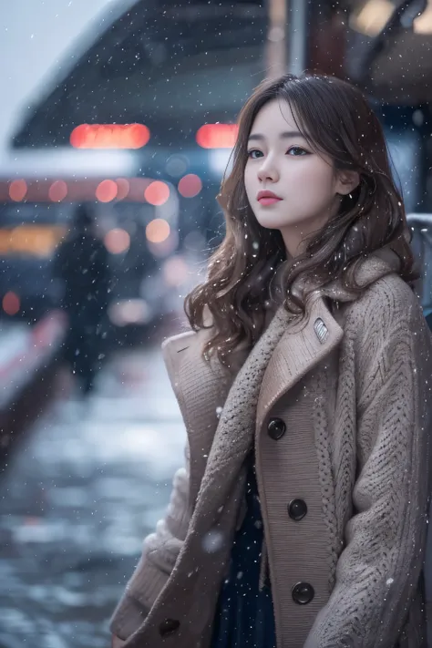 1womanl、late 20s age、(Strong-willed super beauty)、(ultra beautiful faces)、Wearing makeup、Wavy brown hair、Shallow depth of field、Its snowing since I got off the night train、Only the sound of the sea is heard、I also took the ferry alone、I was staring at the ...