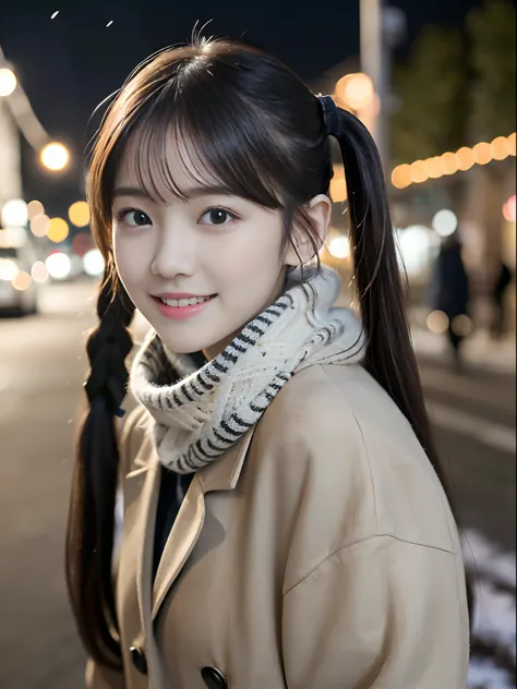 (slender small breasts and long hair with twin tails,,、Close up portrait of one girl with scarf and coat in winter uniform:1.5)、(One girl with little smile and hair fluttering in the wind :1.3)、(Street corner on a winter night with beautiful Christmas ligh...