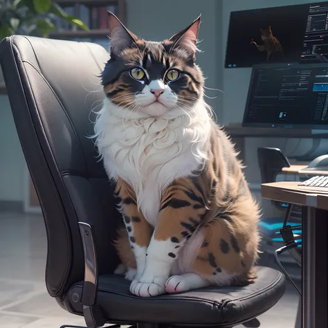 1 round eyes cow cat, Type with the keyboard, matrix style, Sitting in the chair in front of the MAC, Dynamic Angle, Best Quality, 4K,