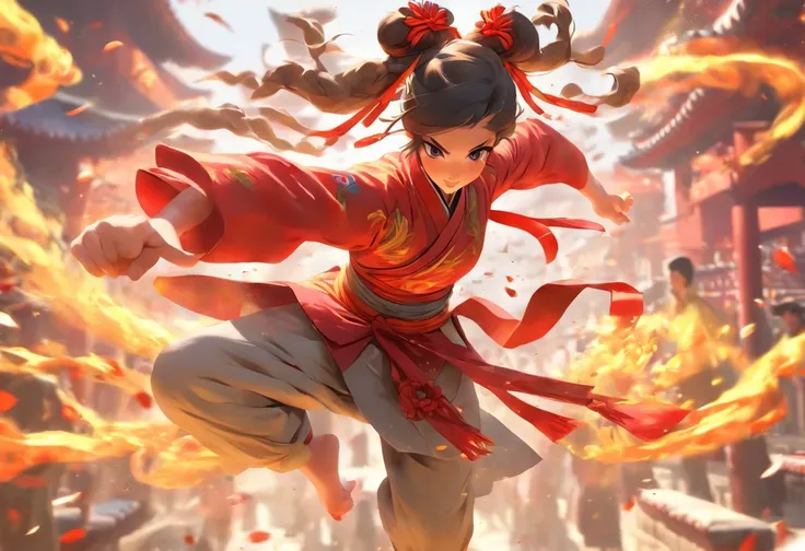 Chinese girl Chinese dress double bun kung fu girl kicking