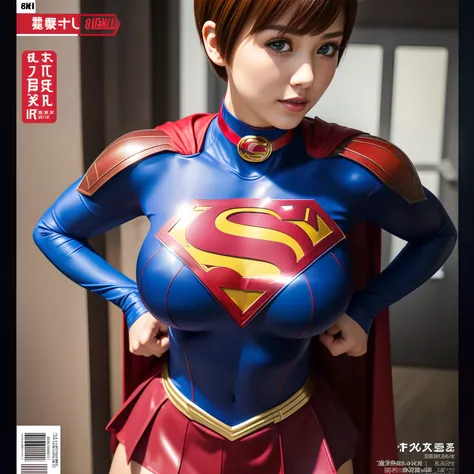 (Best Quality,4K,8K,hight resolution,masutepiece:1.2),Ultra-detailed,Realistic:1.37,Super masterpiece,Short-haired Supergirl、large full breasts、Looking at the camera、Glossy costume、a choker、Too short miniskirt、Magazine covers、