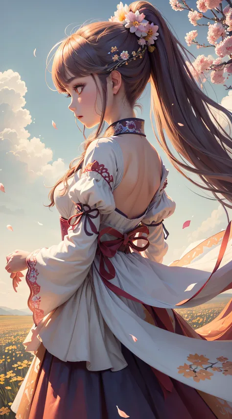 image of the highest quality, masterpiece, (detailed: 1.4), perfect drawing, (ultra-realistic), (distant view), (semi-vertical angle view), field of various types of colorful flowers, flower petals flying with the wind felt the sky, kitsune girl with her b...