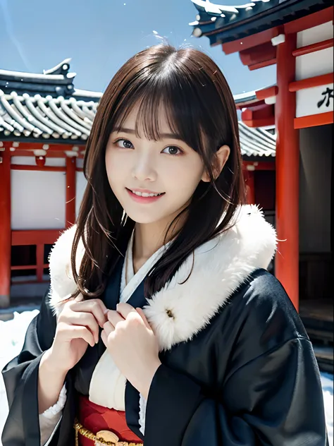 (close up portrait of girl with dull bangs dumpling hair in beautiful glamorous kimono with long fur scarf:1.5)、(one of the girl...