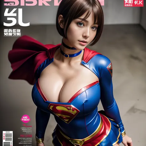 (Best Quality,4K,8K,hight resolution,masutepiece:1.2),Ultra-detailed,Realistic:1.37,Super masterpiece,Short-haired Supergirl、large full breasts、Looking at the camera、Glossy costume、a choker、Too short miniskirt、Magazine covers、tabloid