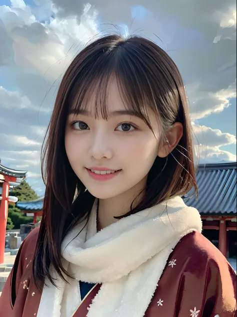 (Close up portrait of girl with dull bangs dumpling hair in beautiful glamorous kimono with long fur scarf:1.5)、(One of the girls enshrining the shrine of Japan with a smile:1.3)、(A shrine in Japan with a winter sky:1.5)、(Perfect Anatomy:1.3)、(No mask:1.3)...