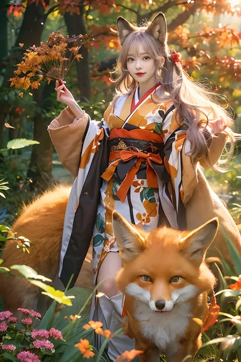 Two-shot photo of a girl and a fox,(Fantasia,Kitsune Yokai Four-Tailed Heavenly Fox,),(Girl and Fox Yokai: The Tale of the Four-Tailed Heavenly Fox),
(With a girl bent down deep in the forest and looking up,Fox Yokai Two-shot movie of a fox protecting a gi...