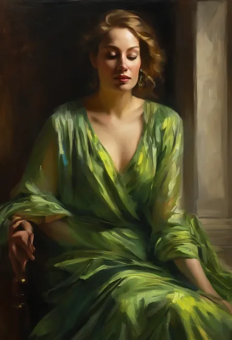 A painting of a woman with her eyes closed, leaning on her hand smiling, wearing a beautiful green dress, with exposed cleavage, ((golden ratio}} laying on the sofa after a long night on the town, a sensual painting, a Beautiful expressive painting, Wadim ...