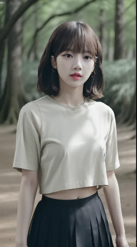 ((Lisa from Blackpink)), t-shirt, tiny pleated skirt, waist-high black tights, high heels, close-up of face, full body shot, very fair skin, short hair, wavy hair, camp, forest, photorealistic , indirect lighting, volumetric light, ray tracing, hyper-detai...