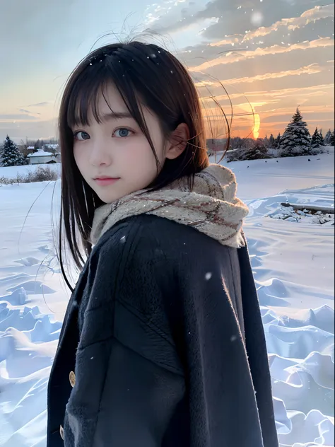 (a close-up portrait from behind of one slender girl has long hair with dull bangs and a scarf coat in winter uniform:1.5)、(one ...