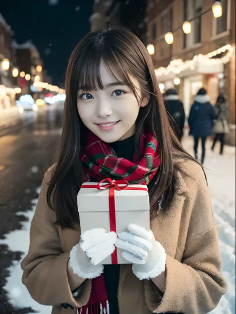 (Close-up portrait of one girl has long hair with dull bangs in a winter uniform and scarf coat:1.5)、(One girl with a shy smile has a gift box in hand  with gloves:1.5)、(Snowy winter night street corner with Christmas lights:1.5)、(Perfect Anatomy:1.3)、(No ...