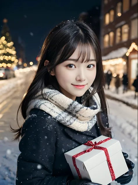 (Close-up portrait of one girl has long hair with dull bangs in a winter uniform and scarf coat:1.5)、(One girl with a shy smile has a gift box in hand  with gloves:1.5)、(Snowy winter night street corner with Christmas lights:1.5)、(Perfect Anatomy:1.3)、(No ...