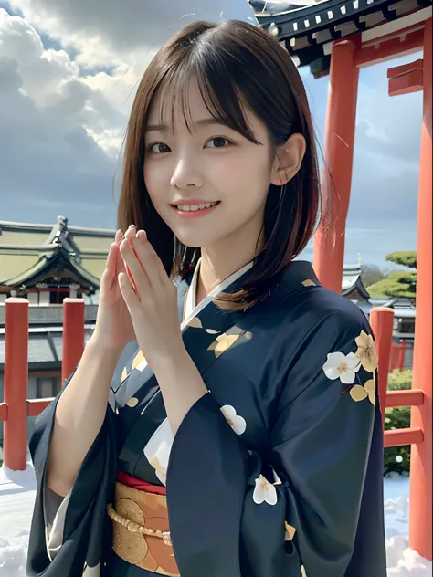 (Close up portrait of girl with dull bangs dumpling hair in beautiful glamorous kimono:1.5)、(One of the girls worshipping the shrine of Japan with a smile:1.3)、(A shrine in Japan with a winter sky:1.5)、(Perfect Anatomy:1.3)、(No mask:1.3)、(complete fingers:...