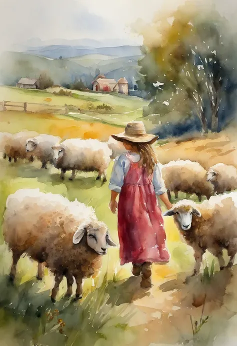 Petite girl, farm, sheep