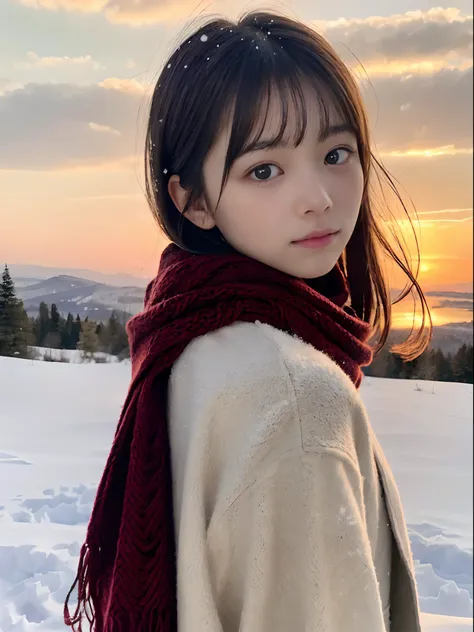 (A close-up portrait from behind of one slender girl has long hair with dull bangs and a scarf coat in winter uniform:1.5)、(One girl turned around with a sad face with hair fluttering in the wind :1.3)、(Beautiful snowy sunset red sky:1.5)、(Perfect Anatomy:...