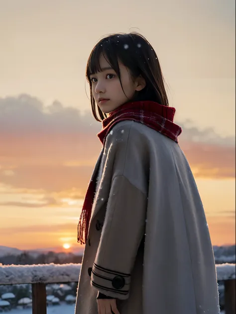 (A close-up portrait from behind of one slender girl has long hair with dull bangs and a scarf coat in winter uniform:1.5)、(One girl turned around with a sad face with hair fluttering in the wind :1.3)、(Beautiful snowy sunset red sky:1.5)、(Perfect Anatomy:...