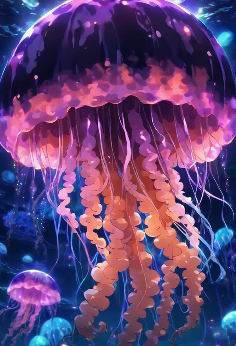 Black and tan Jellyfish, fuzzy foam, vivid colors, wild tentacles, masterpiece, best quality