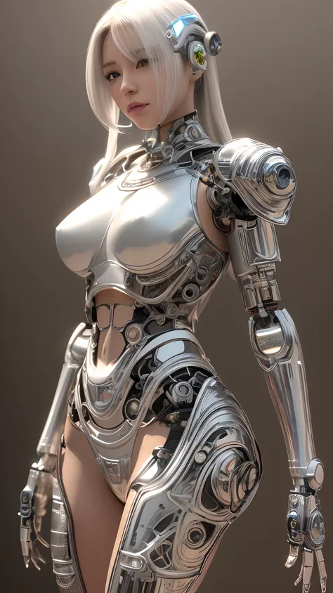 Character Sheet, complex 3d render ultra detailed of a beautiful Japanese girl android cyborg, robotic parts, beautiful studio soft light, rim light, vibrant details, luxurious cyberpunk, android body made of organic flowing white and silver transparent gl...