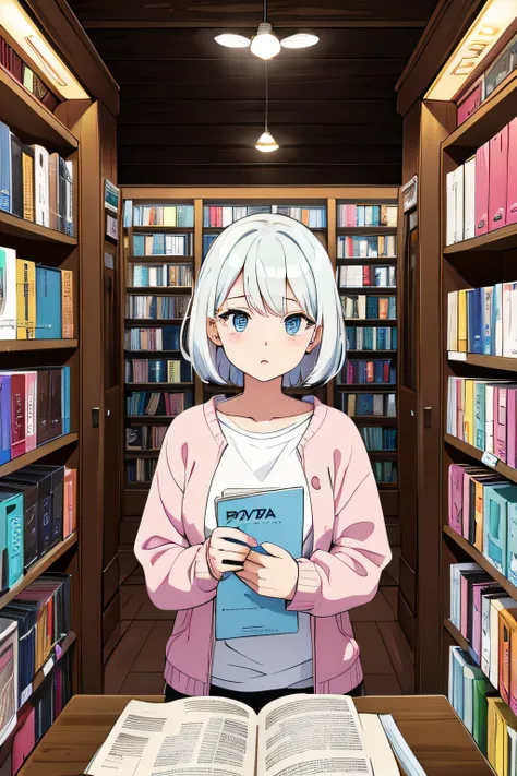 a girl, white or pastel hair, in a bookstore