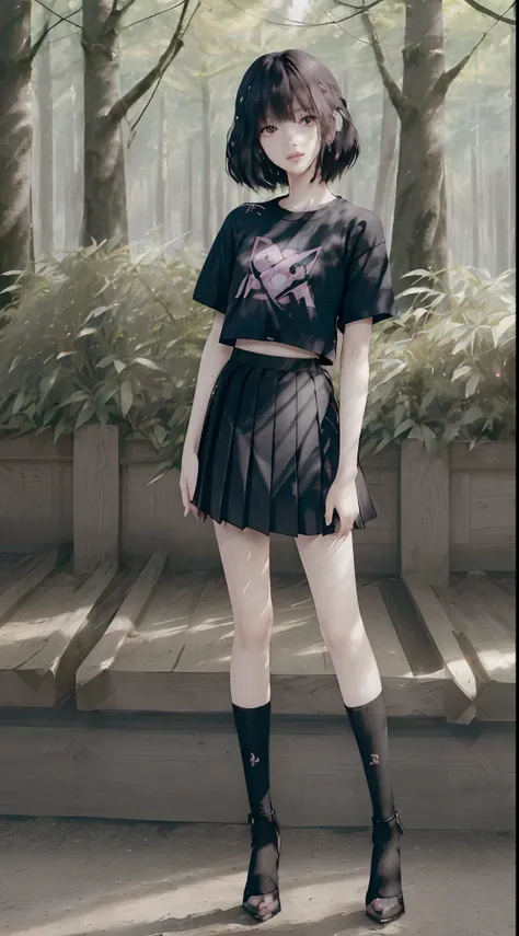 ((Lisa from Blackpink)), t-shirt, tiny pleated skirt, waist-high black tights, high heels, close-up of face, full body shot, very fair skin, short hair, wavy hair, camp, forest, photorealistic , indirect lighting, volumetric light, ray tracing, hyper-detai...