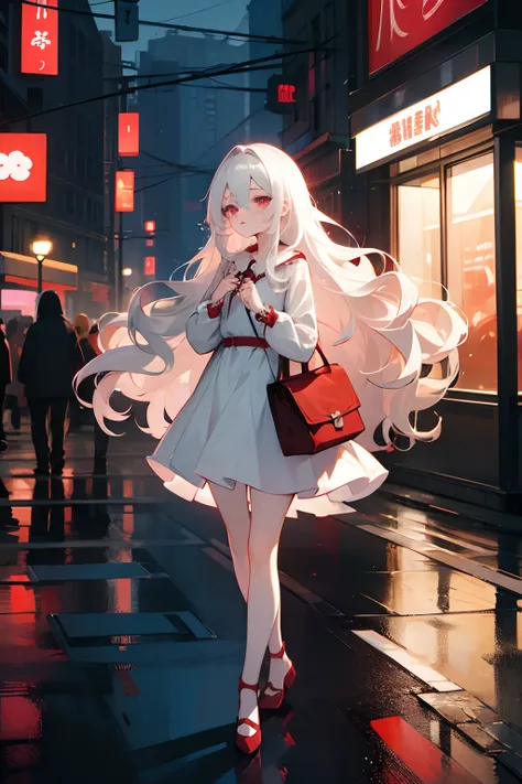 best quality, masterpiece, solo, female, human, white hair, long hair, wavy hair, crimson eyes, pale skin, cute, casual cute clothing, outside, night, full body, in the city, pouting