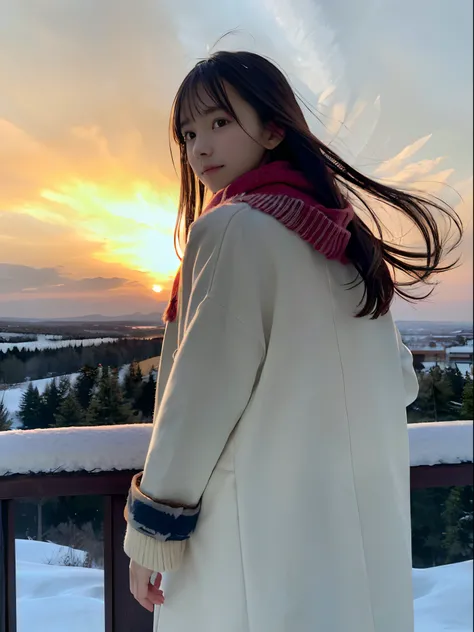 (A close-up portrait from behind of one slender girl has long hair with dull bangs and a scarf coat in winter uniform:1.5)、(One girl turned around with a sad face with hair fluttering in the wind :1.3)、(Beautiful snowy sunset all red sky:1.5)、(Perfect Anat...