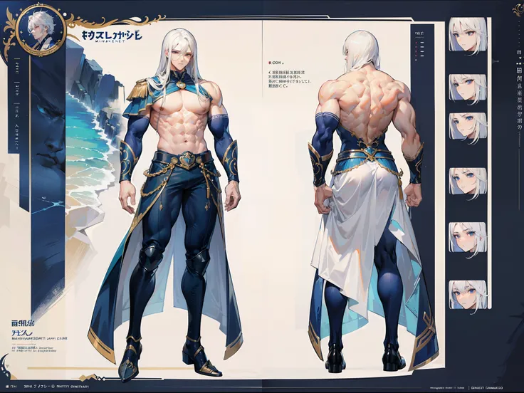 ((Masterpiece, Highest quality)), Detailed face, character design sheet， full bodyesbian, Full of details, frontal body view, back body view, Highly detailed, Depth, Many parts, Muscle boy with long white hair with long bangs，handsome man, muscle body, nav...