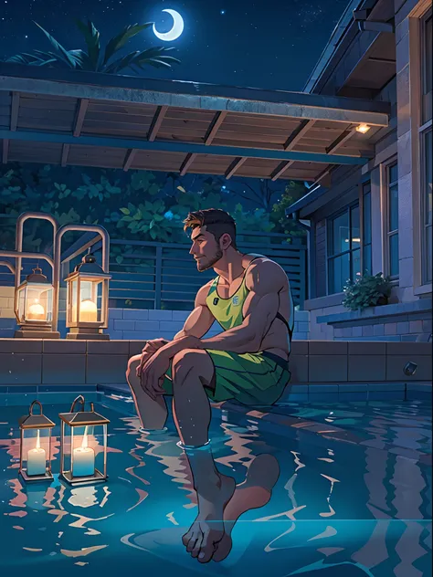 a man sitting near the swimming pool, wearing a long shorts, night light view, half moon, blue lights under the swimming pool, l...