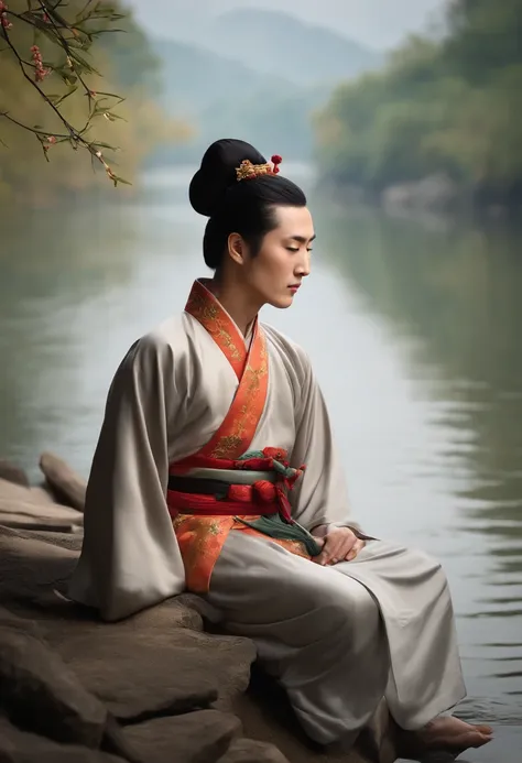 A man sleeping by the river，chineseidol，Hanfu，hair-bun，Traditional Chinese painting，