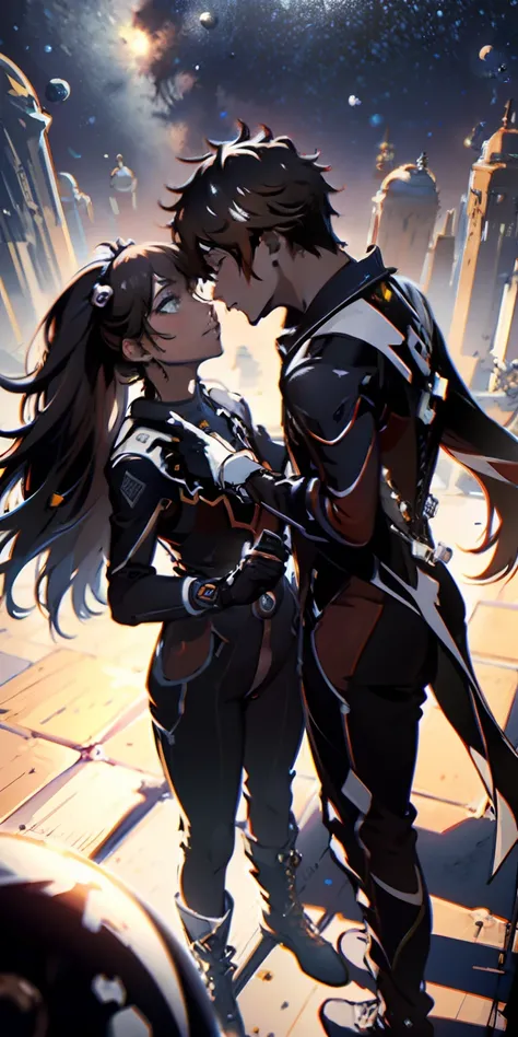 Absurd resolution, high resolution, (masterpiece:1.4), ultra-detailed, 1girl and 1boy kissing, in a spacesuit, seen from above, space, floating, satellite, outer space operation, wide-angle lens distortion