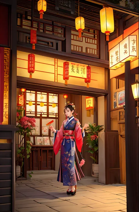 Anime scene of streets with signs and lanterns, trending on cgstation, Middle metaverse, Inspired by Song Maojin, Inspired by Bian Shoumin, inspired by Huang Gongwang, Poster illustration, inspired by Cao Buxing, A beautiful artwork illustration, poster fo...