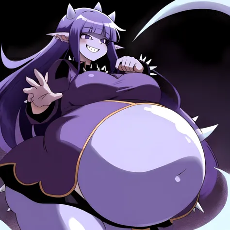 Ghost, (monster girl), purple skin, spikes, spiky purple hair, a fanged grin, floating hands, dressed in a dark-purple dress, floating in midair, masterpiece, best quality, burp, stuffed_belly, reddish_belly, belly_bigger_than_body, gurgling_noise, high an...