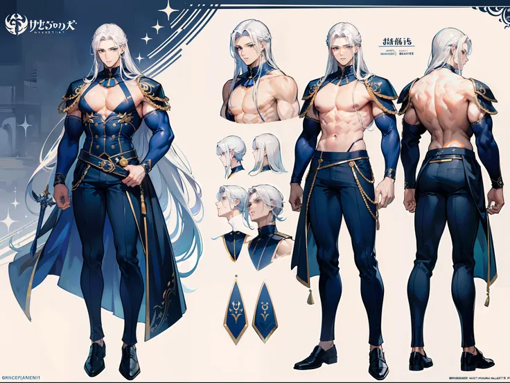 ((Masterpiece, Highest quality)), Detailed face, character design sheet， full bodyesbian, Full of details, frontal body view, back body view, Highly detailed, Depth, Many parts, Muscle boy with long white hair with long bangs，handsome man, muscle body, nav...