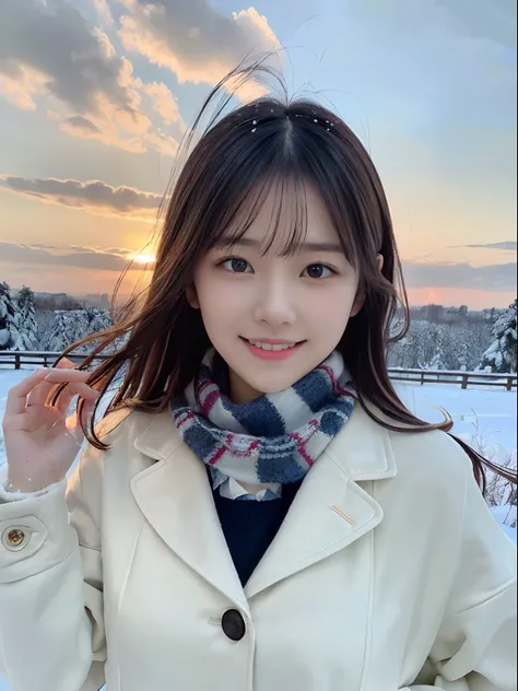 (Close-up portrait of a girl，She has slender breasts and long double-tailed hair，Winter uniform scarf jacket:1.5)、(The smile is not bright，Girl with hair fluttering in the wind :1.3)、(Beautiful snowy sunset sky:1.5)、(Perfect anatomy:1.3)、(No mask:1.3)、(Com...