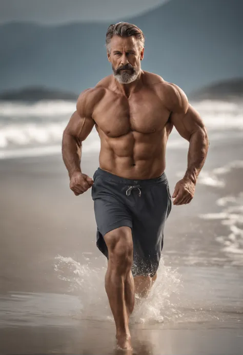 A full body of a handsome man standing on a beach near the ocean, robust stocky body, chelsed, very hairy body, beefy, wrinkles and muscles, muscular daddy, very hot daddy, inspired by Alexander Fedosav, dad bod, running , action shot, inspired by Martin S...