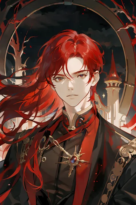 (best quality,masterpiece:1.2),1male,adult,mature,tall and muscular face,red hair,dark theme,reflected mirror,floating piece of glass,fantasy backdrop