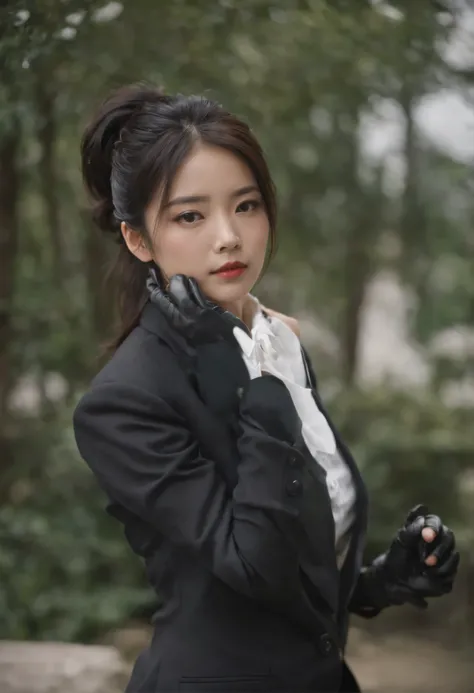 Japan girls in black three-piece suits over mens shirts, Black leather gloves on both hands, Black Hair Ponytail